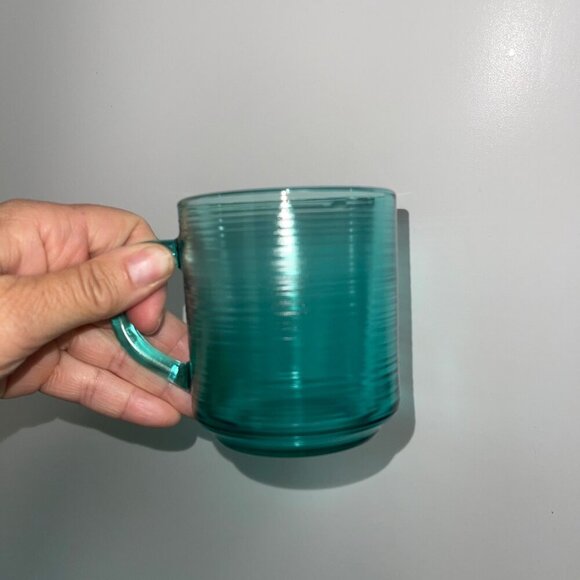 Arcoroc Vintage Mugs Jardiniere Teal Glass Ribbed Tea Coffee Set Of 6 France - Picture 4 of 6